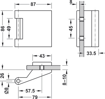 Gångjärn för glasdörr, Gångjärn i tre delar, 3 delar (dörrbladsdel), Startec