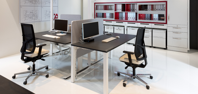 The group of tables with partition walls creates productive working areas