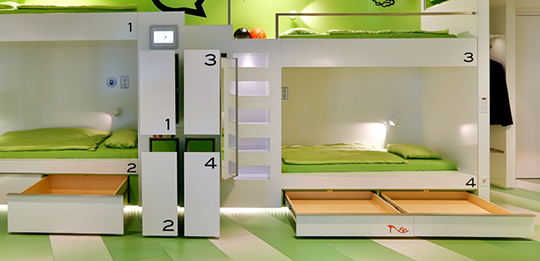 For each guest diverse and secured storage solutions. All beds are equipped with their own locker compartments and drawers. Guests can only open their compartments with a transponder card from Häfele's Dialock electronic locking system.
