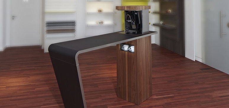 Standing bar with coffee machine and tableware compartment.