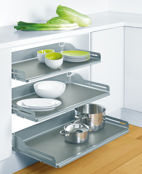 Pull-out shelf, base unit internal drawer box without railing, installation behind hinged doors