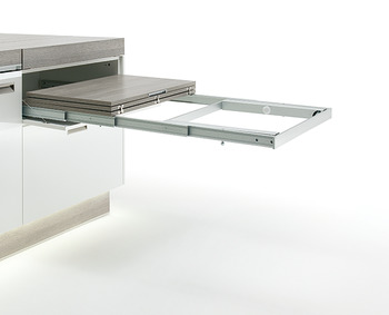 Pull-out systems for installation in cabinets, with folding table leg