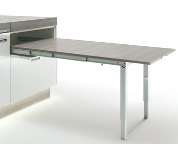 Pull-out systems for installation in cabinets, with folding table leg