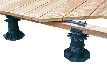Adjusting foot for decking, For laying on wood subconstructions, with height adjustable support feet