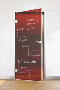 All-glass door, GDC tempered safety glass/laminated glass with coloured foil and laser engraving, customised