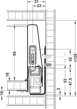 Drawer side runner system, Häfele Matrix Box P50, drawer side height 115 mm, load bearing capacity 50 kg