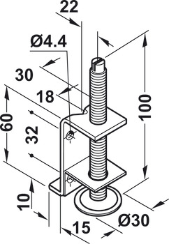 Plinth adjuster, with supporting bracket, for screw fixing
