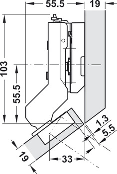 Concealed hinge, Tiomos 110°, 37° corner applications, inset