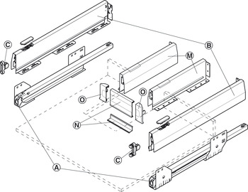 Drawer side runner system, Häfele Matrix Box P50, drawer side height 115 mm, load bearing capacity 50 kg