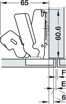 Concealed hinge, Häfele Duomatic 155°, half overlay mounting/twin mounting