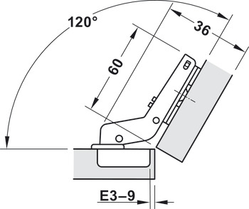 Concealed hinge, Häfele Metalla 510 SM 94°, for 30° corner application, half overlay