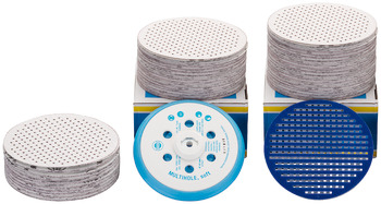 Multihole special offer box, for random orbit sander: 450 sanding discs, Velcro support pad with adapter and protective pad