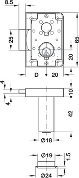 Cerradura de palanca atornillada, con cilindro de pasador prolongado, perfil estándar específico para el cliente, con un retroceso de 25 mm