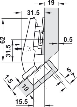Bisagra en ángulo 40°, Blum Clip Top Blumotion 95°, para armarios de esquina con frentes de apertura