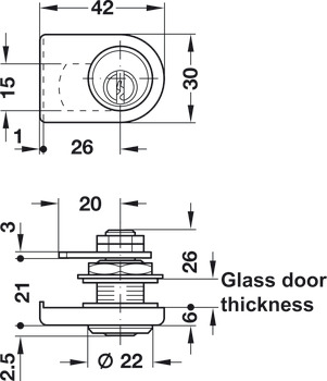 Fermeture à pêne batteur de porte en verre, avec cylindre à goupilles, axe 26 mm, installation de fermeture spécifique au client