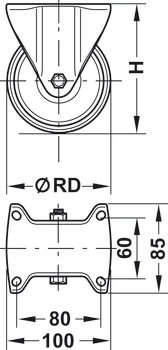 Roulette pour appareils, avec bande de roulement dure, rigide ou pivotant