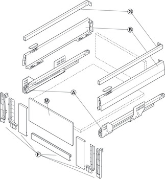 Garniture de tiroir casserolier à l'anglaise, Häfele Matrix Box P35 VIS, avec insert de façade avant et galerie longitudinale rectangulaire, hauteur de côtés 92 mm, capacité de charge 35 kg