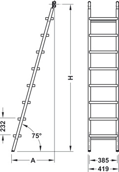 Escada de deslizar, Service+ feito à medida, com degraus de madeira, suportes de degrau de aço inox