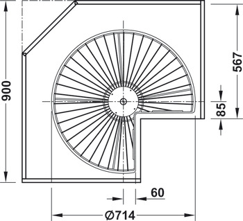 Prateleira giratória 3/4 de círculo, Häfele, para armários de canto, com cestos/prateleiras