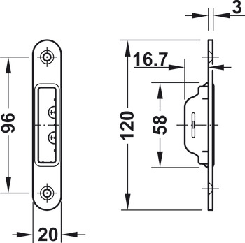 Platt låsbleck KFV, för magnet/klinka-fallregellås, 120 mm