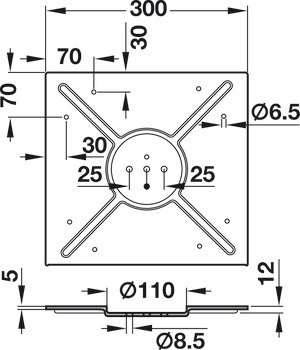 fottallrik, rund eller kvadratisk, med fästplatta, för bordsskiva med diameter upp till 900 mm