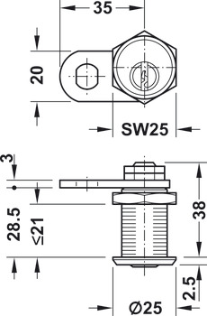Lyftlås, med stiftcylinder, mutterinfästning, Dörrtjocklek ≤21 mm, kundspecifik låsanläggning HS/GHS