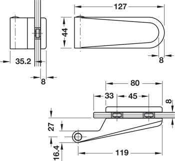 Gångjärn för glasdörr, Gångjärn i tre delar, 2 delar (dörrbladsdel), Startec