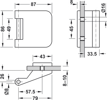 Gångjärn för glasdörr, Gångjärn i tre delar, 3 delar (dörrbladsdel), Startec