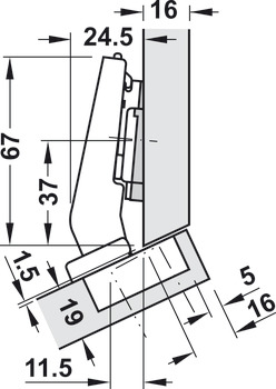 vinkelgångjärn 30°, Blum Clip Top Blumotion 95°, för hörnskåp med utanpåliggande fronter