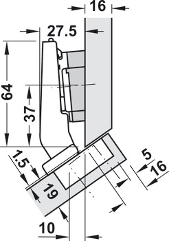 vinkelgångjärn 30°, Blum Clip Top Blumotion 95°, för hörnskåp med utanpåliggande fronter
